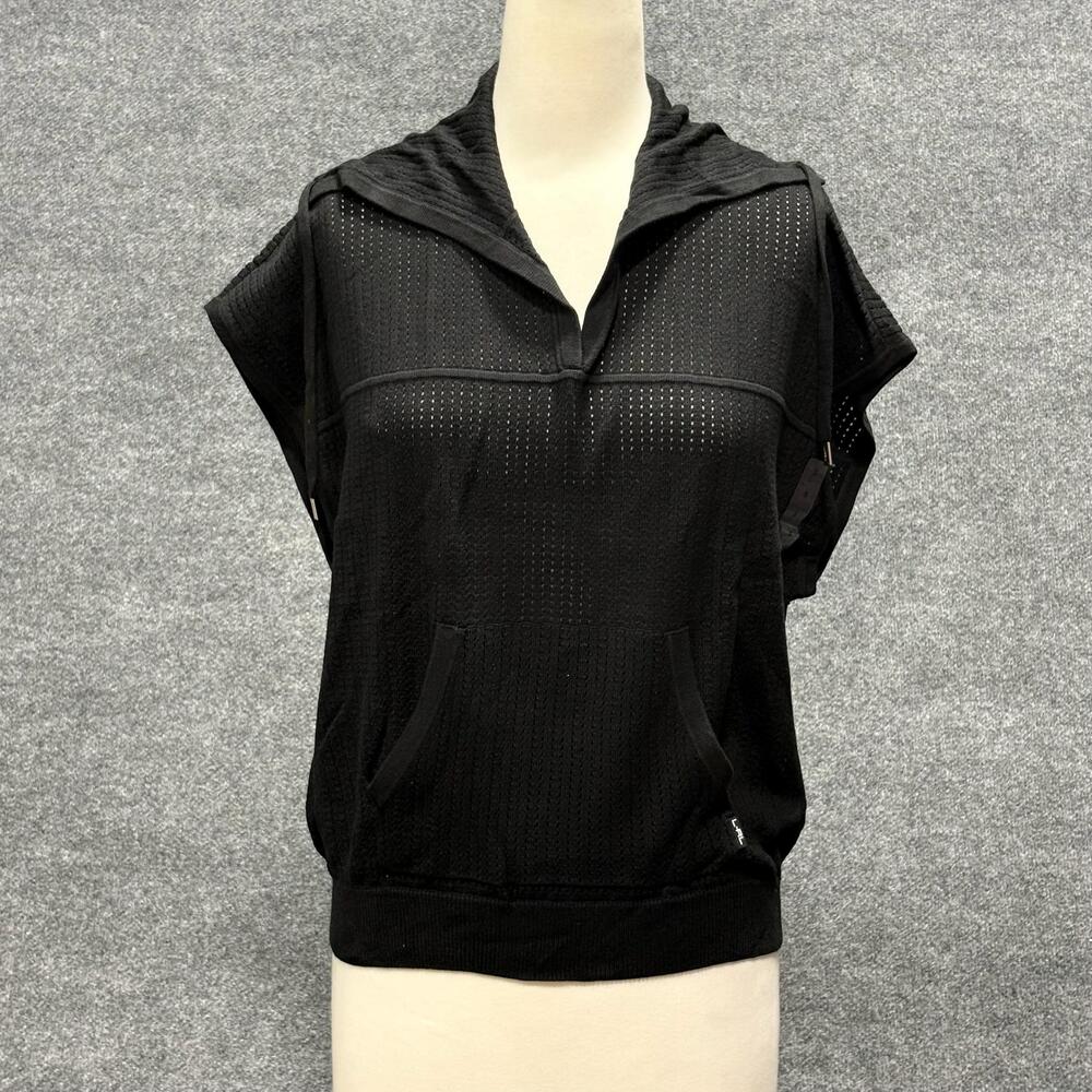 Lauren Ralph Lauren Sweater Womens Small Black Hooded V Neck Pullover Open Knit